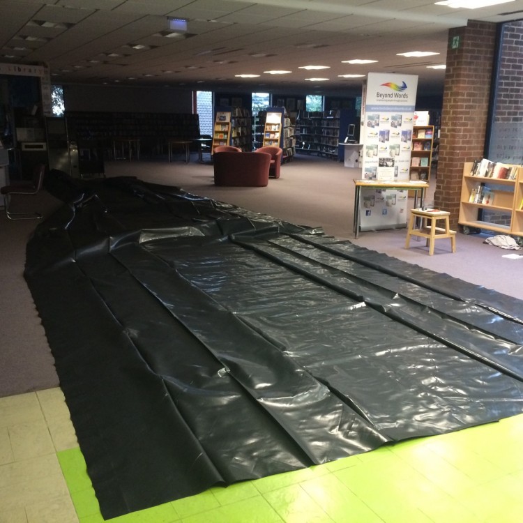 Blackout blinds. All of the Library windows are blacked out for both the Sunday afternoon and Thursday evening shows. The blinds were made from builders plastic (kindly donated to us !). Each window was carefully measured and the blind cut to fit !